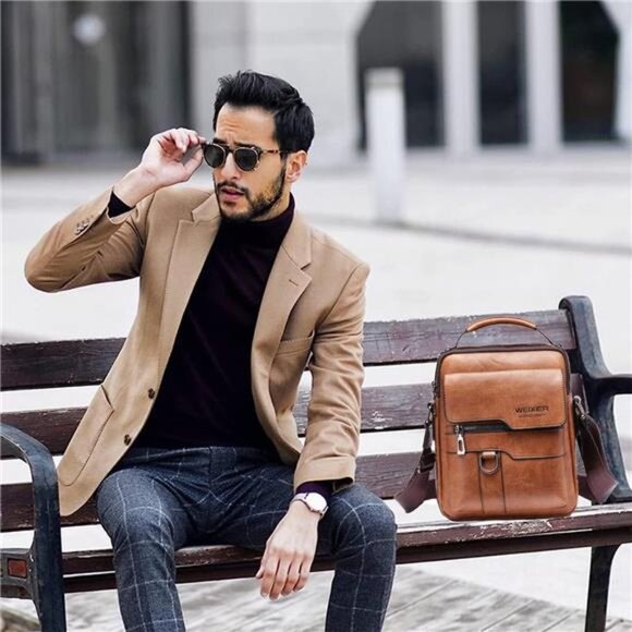 Mens Leather Messenger Bag Crossbody Shoulder Bag Vintage Zipper Buckle Satchel - Picture 4 of 7